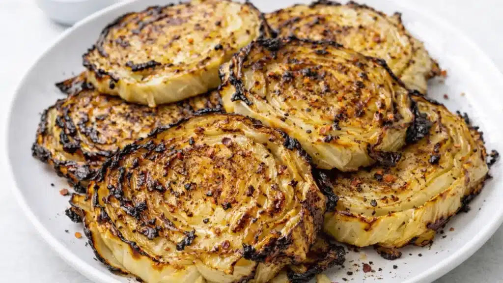 Blistered Cabbage Steaks with crispy roasted edges and tender center
