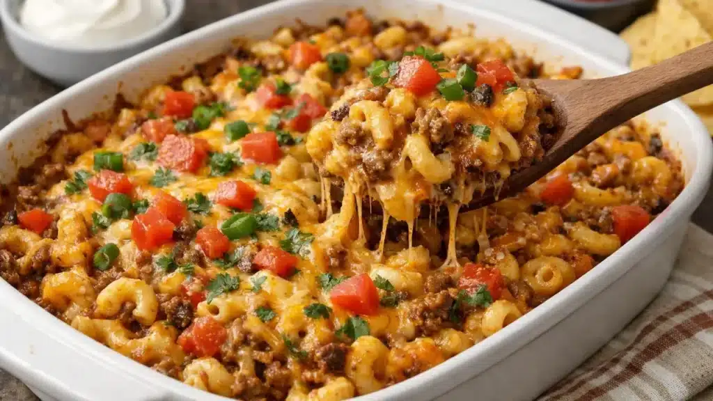 Cheesy Taco Mac Casserole baked with seasoned beef, macaroni, and melted cheese
