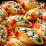 Chicken & Spinach Stuffed Shells baked with marinara and melted cheese