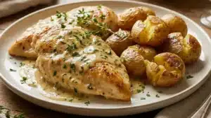 Creamy Garlic Chicken with Roasted Baby Potatoes