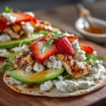 Golden homemade flatbread topped with creamy spread and fresh layered ingredients