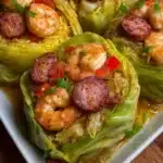 Keto Cajun Shrimp Sausage Stuffed Cabbage filling cooking in skillet