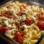 Irresistible Baked Feta Pasta 10 Oven-roasted pasta with melted cheese and blistered cherry tomatoes in a ceramic dish