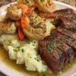 Garlic Butter Steak & Shrimp over Creamy Mashed Potatoes