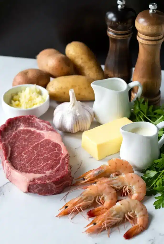 Ingredients for garlic butter steak and shrimp