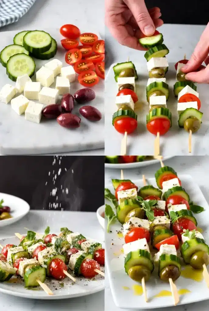 Step by step visual guide for Greek Feta Cucumber Bite Skewers
