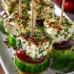 plated Greek feta cucumber skewers
