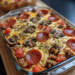 Cheesy pizza casserole bake golden and bubbling in a white baking dish