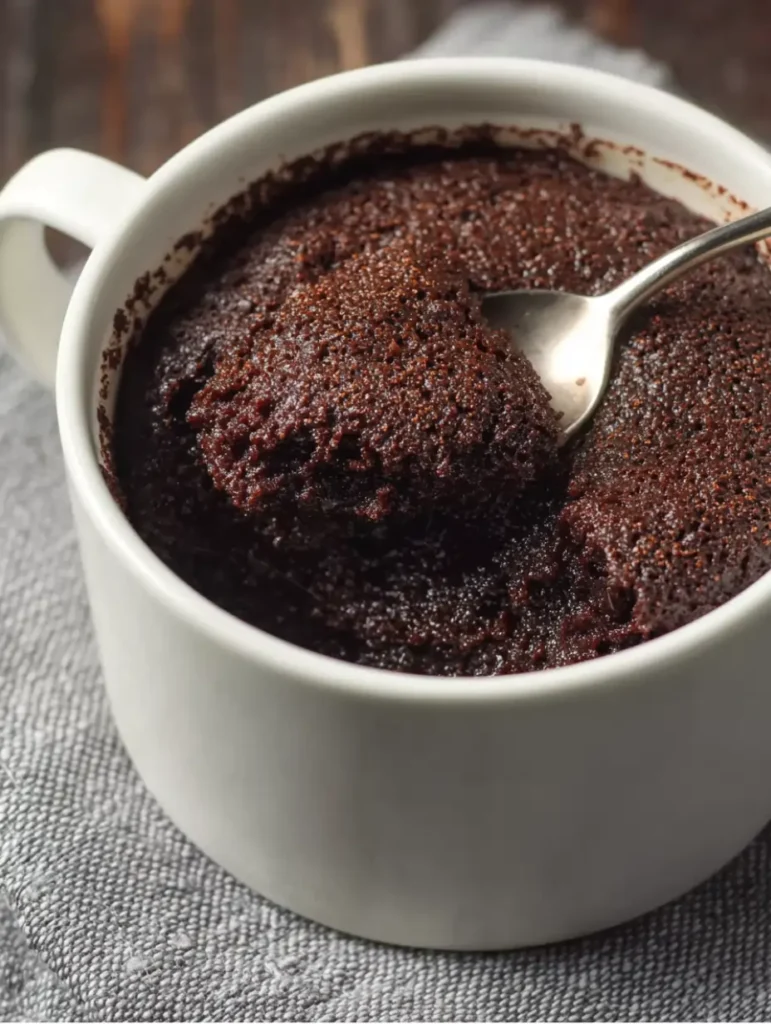 A rich chocolate mug cake topped with a dusting of cocoa powder in a ceramic mug