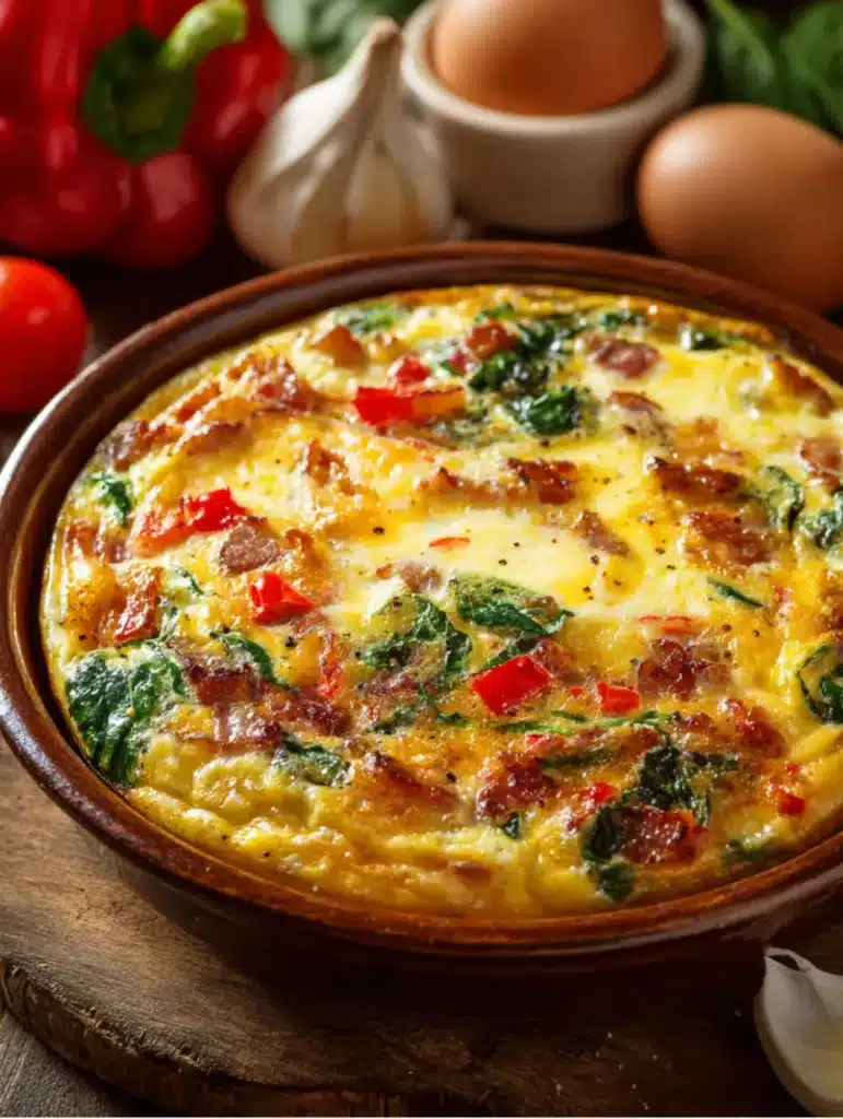 Golden breakfast casserole with eggs, cheese, and herbs baked in a casserole dish