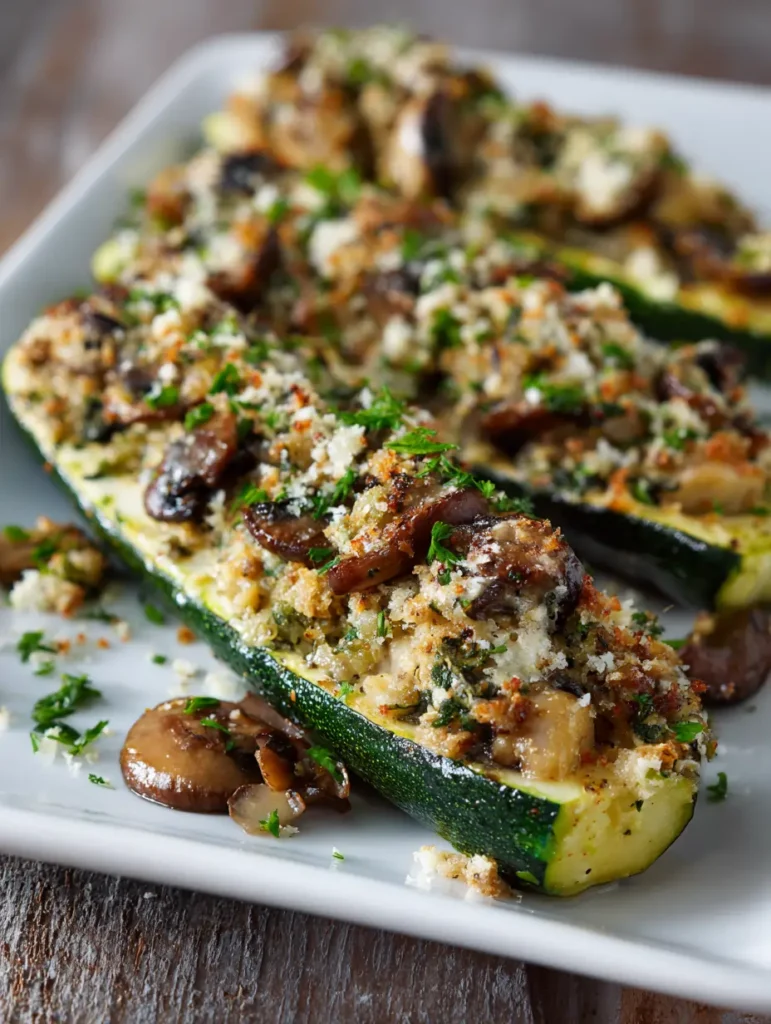 Baked zucchini halves filled with savory mushroom mixture and fresh herbs
