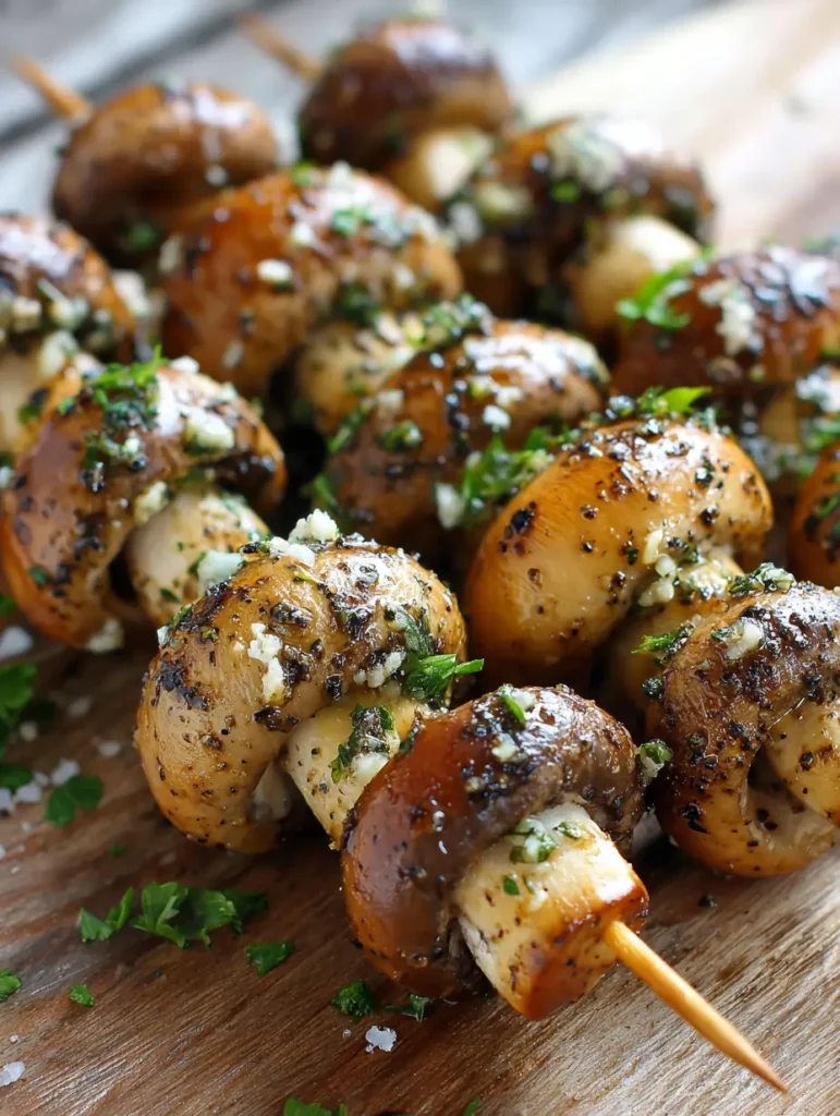 Grilled mushroom skewers brushed with garlic butter and fresh parsley