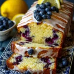 Lemon blueberry loaf cake topped with glaze and fresh blueberries on a cooling rack
