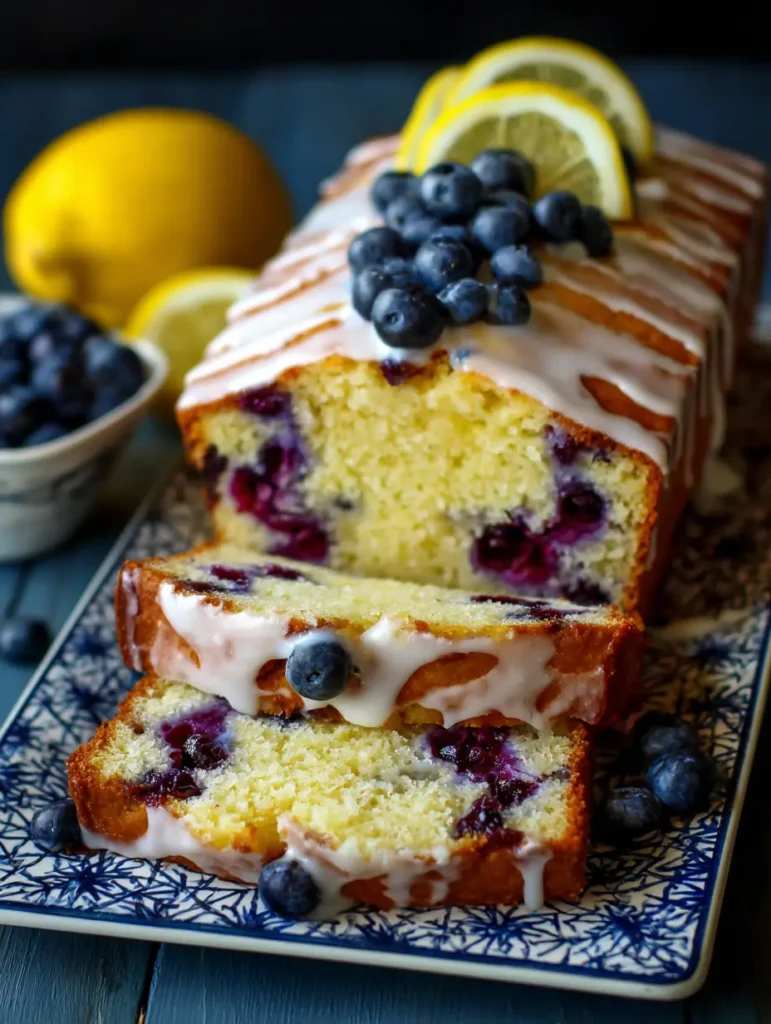 Lemon blueberry loaf cake topped with glaze and fresh blueberries on a cooling rack