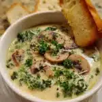 Bowl of creamy vegetable soup served with toasted artisan bread