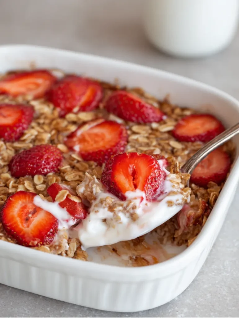 Warm baked oatmeal topped with fresh strawberries and creamy yogurt drizzle