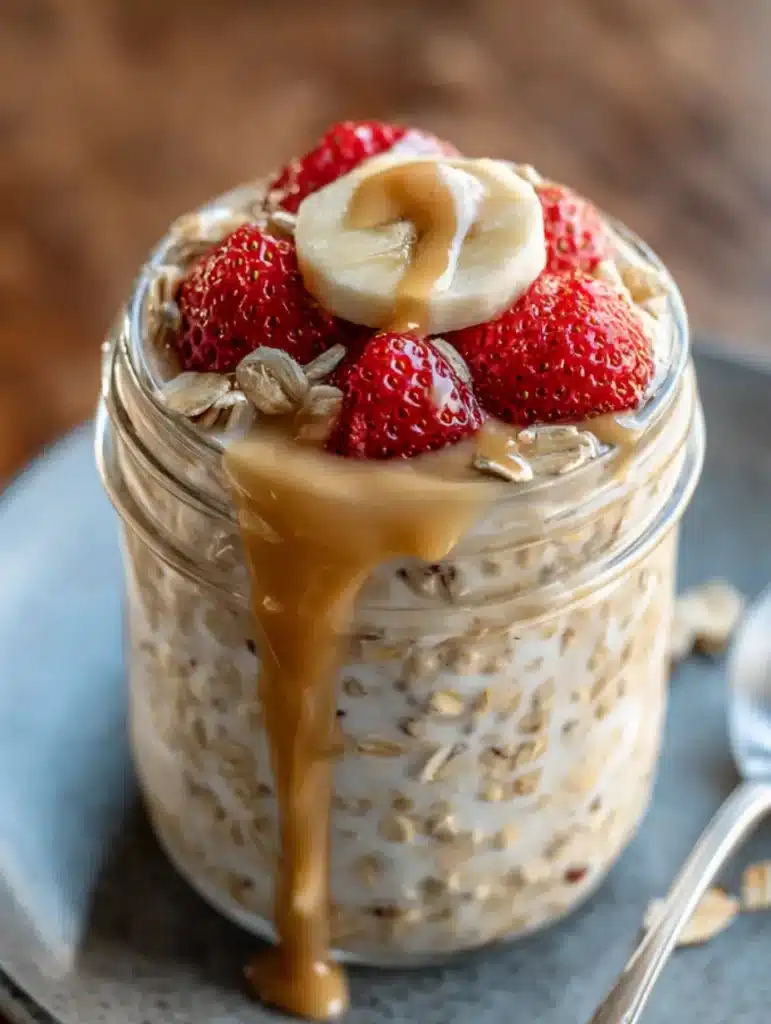 Glass jar filled with creamy overnight oats topped with fresh fruit