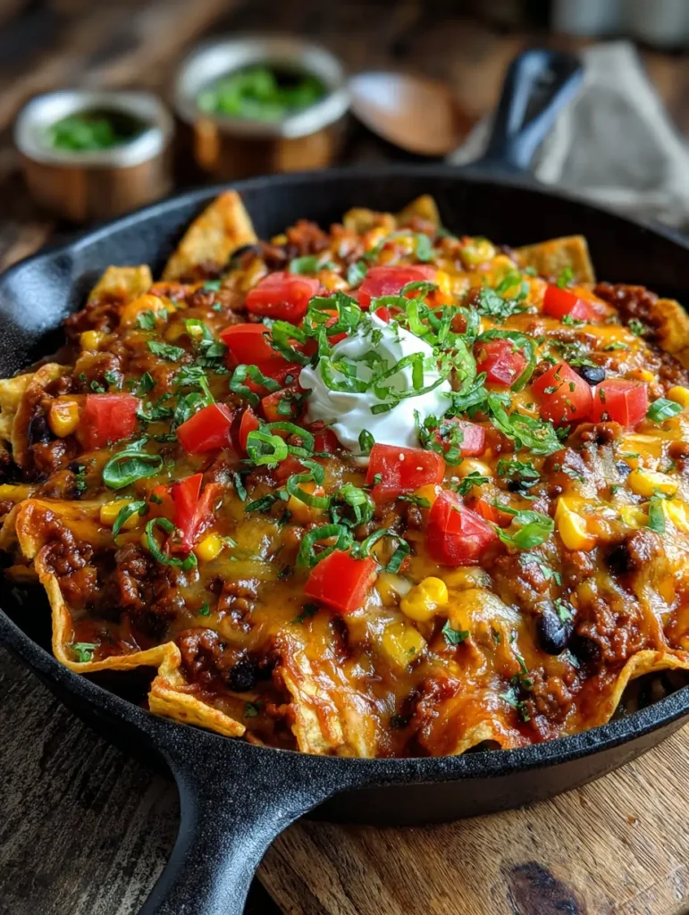 Cheesy enchilada skillet with melted cheese and savory filling served hot