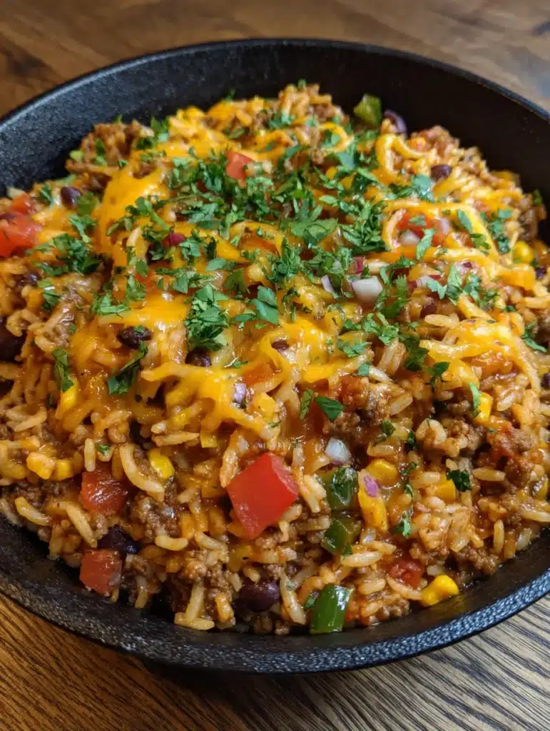 Cheesy Beef and Rice Enchilada Skillet